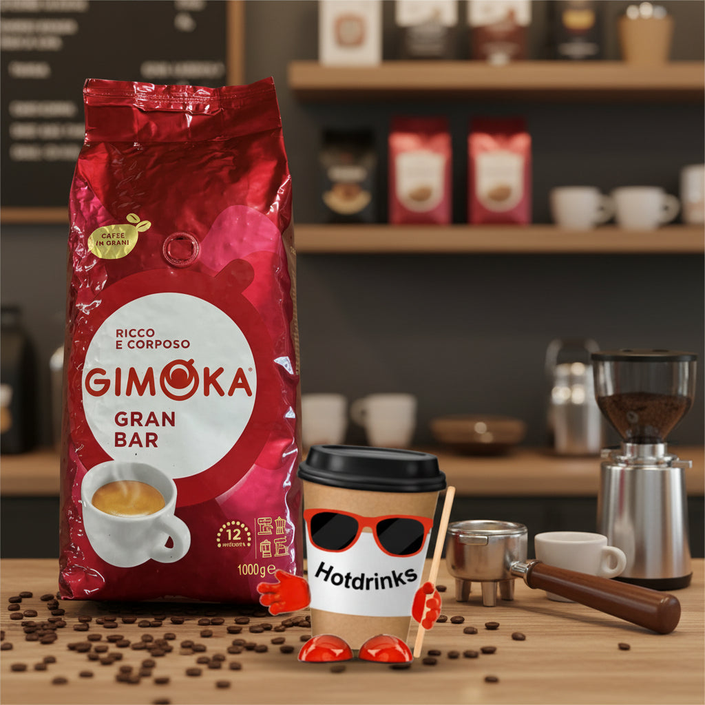 Red Gimoka coffee bag with a white cup graphic on a white background